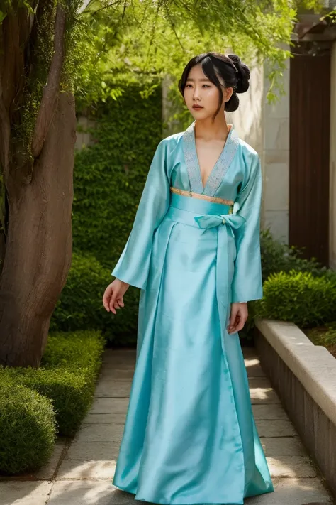 A young Korean woman, aged 22, dressed in a vibrant traditional Hanbok, standing confidently in a serene garden setting. The intricate garment, with its flowing silk skirt and embroidered chest piece, adds an elegant and cultural dimension to the scene. He...