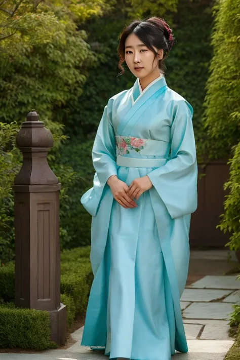 a young korean woman, aged 22, dressed in a vibrant traditional hanbok, standing confidently in a serene garden setting. the int...