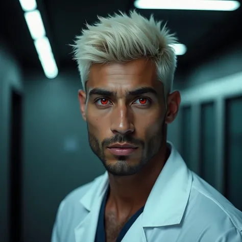 Photograph headshot of a very tall Arab-Egyptian featured male model, short layered textured platinum blond wavy swept back hair, long black stubble, lithe body, brown skin, vibrant red eyes, tall toned body. Professional expression. Lab coat, dim fluoresc...