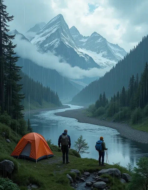 Camping in places with rivers and mountains on rainy days