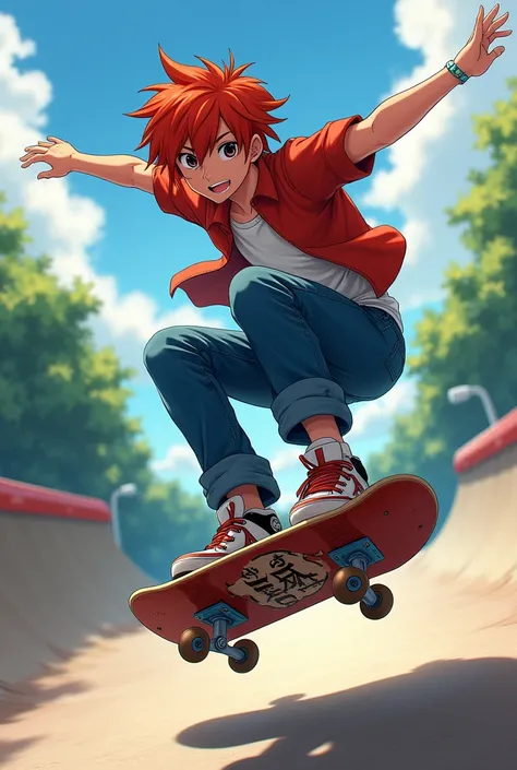 A redheaded anime character with black eyes skateboarder with hair reaching his neck above his shoulder MALE GENDER doing a flip