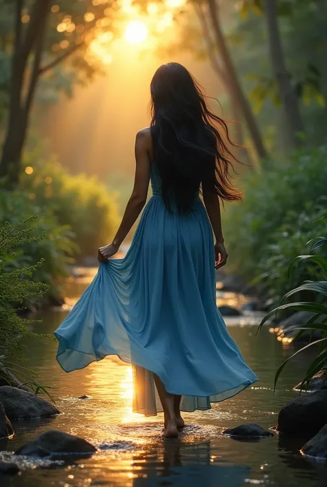 A Brazilian woman with long black hair, wearing long blue clothes, walking through nature with hair blowing in the wind, in the sunset of a stream 