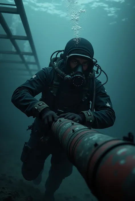 Create an image of a Ukrainian fighter diver, who attaches an explosive charge to an underwater gas pipeline in the Baltic Sea. 