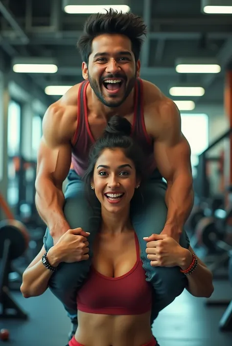  a smiling and beautiful indian actress in gym outfit carrying a large chubby man on her shoulders in a gym, man is sitting on top of her shoulders , man on top, woman at bottom 