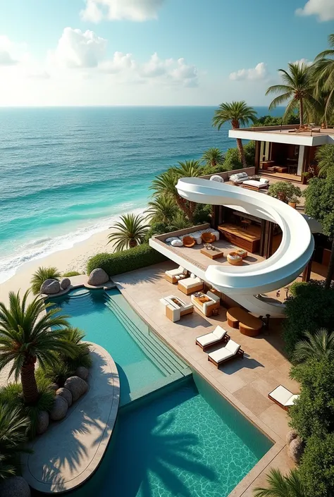 A beach mansion patio that has slides and no people