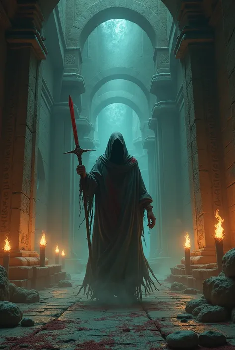 , in temple in temples  ancient temple with flickering torches casting ominous shadows. A ghostly figure, the Narbali, is emerging from the shadows, with a blood-stained ritual dagger in hand. The ghost 