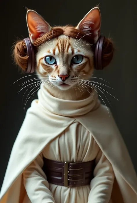 Siamese cat dressed as Princess Leia from Star Wars.dramatic,4K