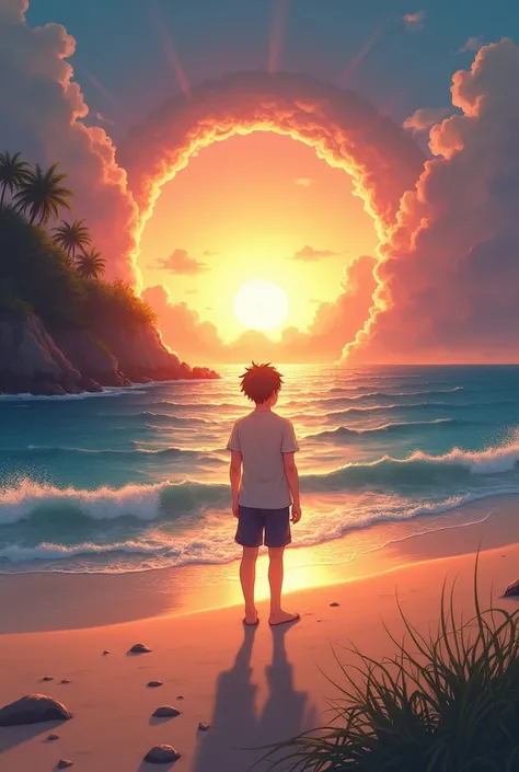 Generate a central puch hole wallpaper in 1080*2400 size in which A 18 year boy are standing on sand near sea. Sunset in sky. He was alone . Sun is on puch hole.