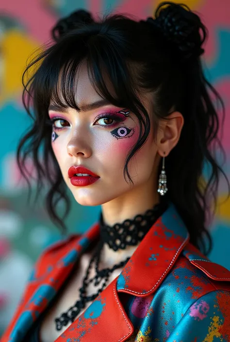 (best quality, 4K, 8K, high-resolution, masterpiece), ultra-detailed, photorealistic, striking young woman, bold Neo-Gothic makeup, bold Neo-Gothic hair, vibrant Pop Art inspired outfit, intricate facial designs, modern fashion, high fashion, vibrant color...