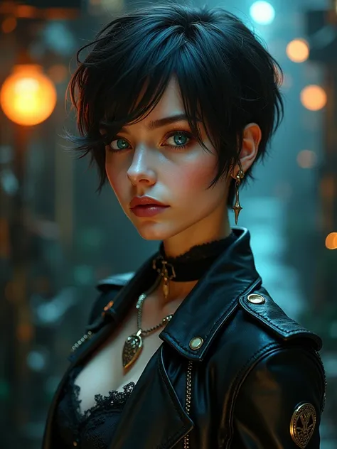 one  Beautiful woman. Dark brown hair, pixie haircut. blue eyes. daring outfit. goth tomboy. maidenly charm. Dark sci-fi. Warhammer 40k. Dieselpunk. baroque oil painting.