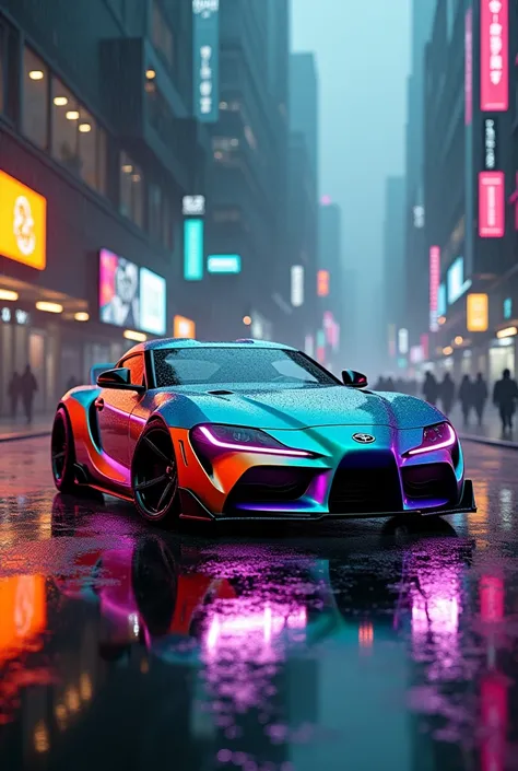 a cyber supra with teal ,orange and neon purple colour lights with buildings anda a shiny floor under a rainy weather make it more dark more hard
