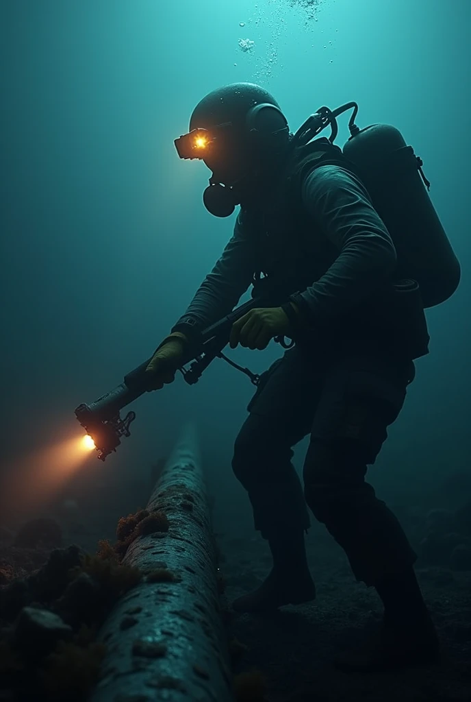 Create an image of a Ukrainian fighter diver, who attaches an explosive charge to an underwater gas pipeline in the Baltic Sea. 

it is dark. The diver dives deep. The diver has an LED on the helmet. 