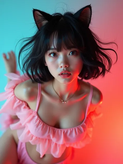 real photograph, (masterpiece), (highest quality), (Super detailed), (messy hair), (shape), (one japanese girl), (chiffon frill bikini), cat ear, sitting down, Fashion Model, (simple cyaan pink red background), fine and beautiful eyes, pretty faced,  float...