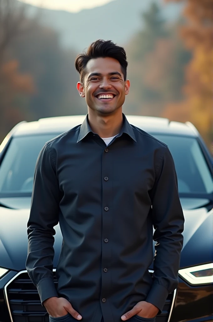 A smiling male person is staying in front of Audi A4 2011 car. The person has grorious smile. And the car shoud be visualized wide look as a perfect car. Dont cut person body from photo, and visual full car on the photo.