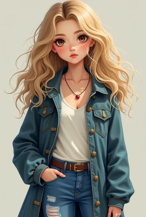  19 year old girl curly blonde hair big brown eyes, with a necklace with a red pearl, denim coat, ripped blue jeans 