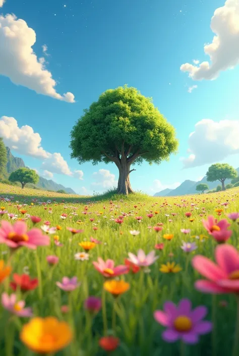 Viral anime nature wallpaper in 4K quality, in the style of Pixar 3D inspired by Toy Story, showcasing a lush meadow filled with colorful wildflowers, a clear blue sky with fluffy clouds, and a single majestic tree standing in the middle; bright and cheerf...