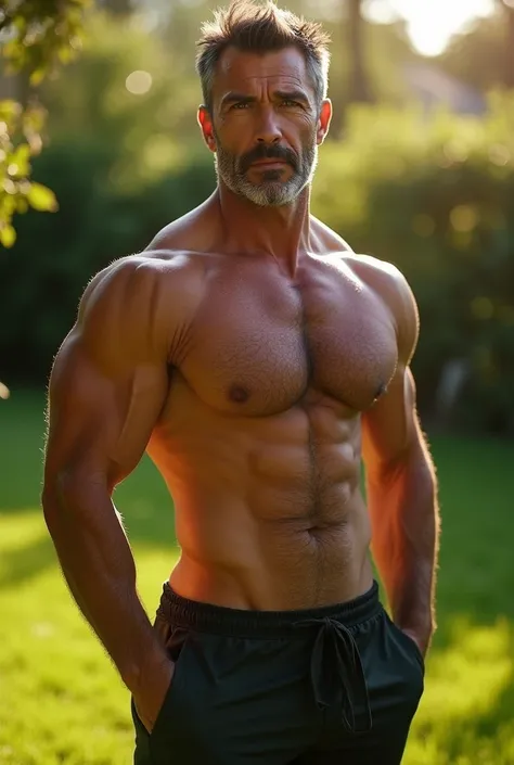 a muscular 40 year old man, hairy chest, hairy armpits, full body, in a super sexy thong, outside on the grass in his garden, best quality, 8K, masterpiece, first quality, natural lighting, beautiful, sexy, correct anatomy , good composition, realistic sha...