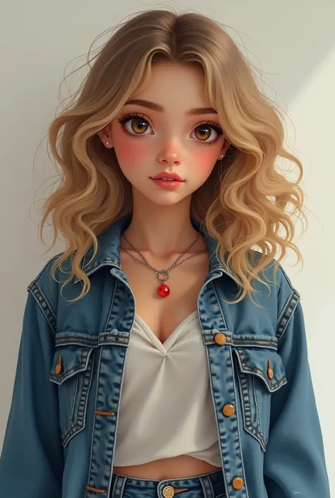  19 year old girl realistic curly blonde hair big brown eyes, with a necklace with a red pearl, denim coat, ripped blue jeans 