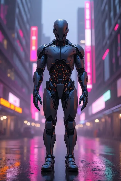 A cyber man standing at the road forword the buildings in the rainy weather with shiny floor and neon blur ,purple and orange lighta