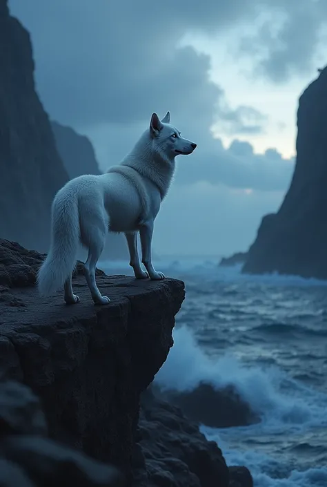 A white Husky dog sitting on a cliff facing the blue dark sky