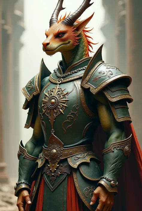 Asian Draconid male humanoid paladin dull and light green color. Her body has a fine shape, with delicate features. Tailless and dressed in heavy armor. Long-crested, varying between semi-fur and spines, with a pair of very small horns. The color varies be...