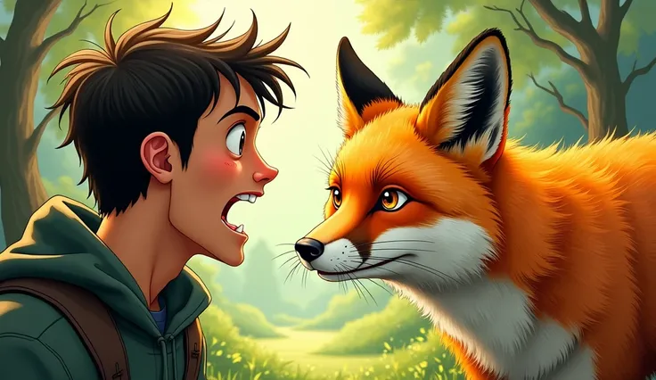 A drawing of a man surprised to see an orange fox