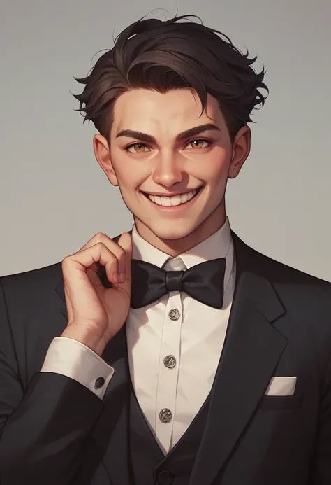 znd,Fell, nice hair,volumetric lightning,​masterpiece,extremely detail,filmic,tuxedo,smiling,nacked,black bowtie