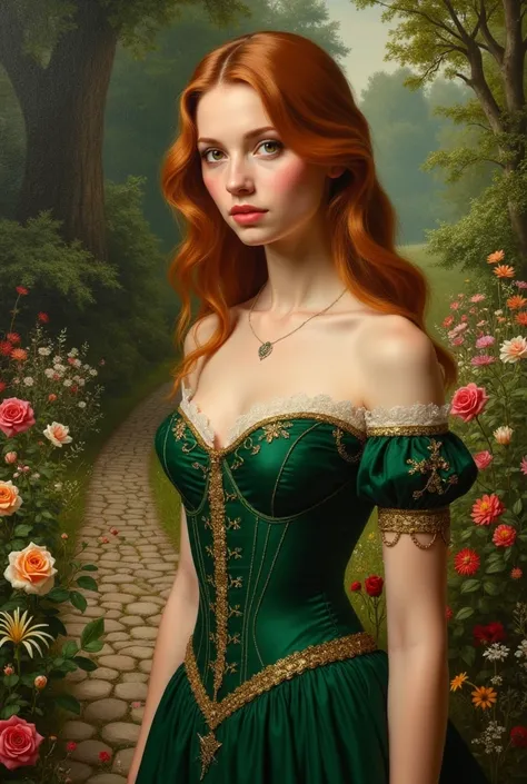 Create a Renaissance painting of a beautiful young woman wearing a green dress with a corset in a flower garden