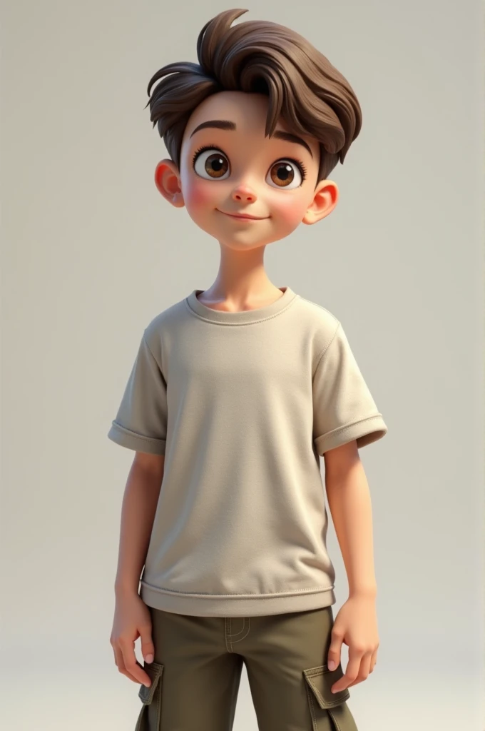 16 year old boy, clear skin, short brown hair, slightly slanted eyes. Wear an oversized shirt and cargo pants (realist) (3D) 