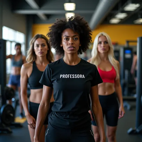 “A bustling gym with various exercise machines visible, including bench press, rowing machine, free weights, and leg press. The room is filled with students, both men and women, actively working out. In the middle of the aisle stands the gym instructor, a ...