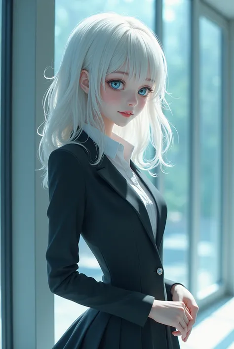 Albino, pretty girl, one girl, attractive whitish light blue eyes, teenager, silver hair, Koko jormungand, business clothing, skirt, 