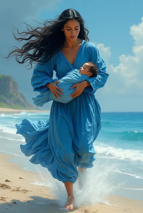 A woman with long black hair, wearing long blue clothes, running with a baby in her arms, wearing blue clothes too, in a beach landscape with blue details, evangelical woman 