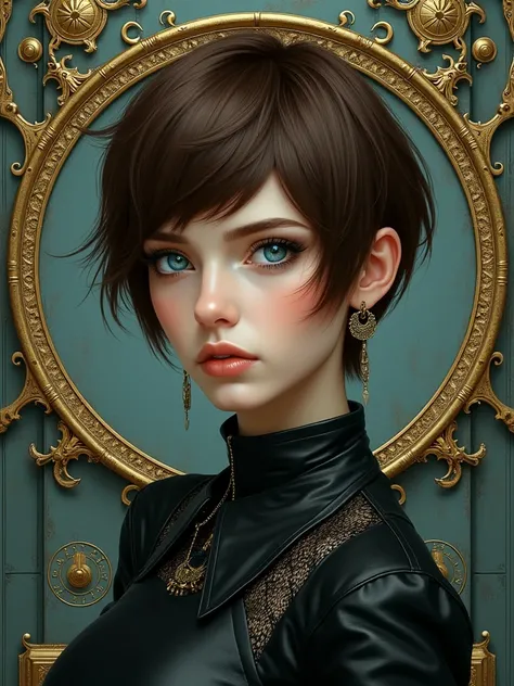 one  Beautiful woman. Dark brown hair, pixie haircut. blue eyes. daring outfit. goth tomboy. maidenly charm. space soldier knightly nun. Dark sci-fi. Warhammer 40k. Dieselpunk. baroque oil painting.