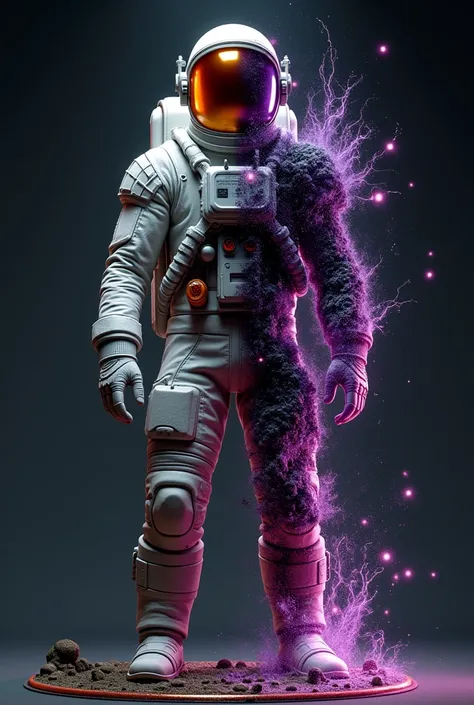 a character that is in the middle of a transformation from a human astronaut to a cosmic entity. The left side of the character should feature a detailed high-tech spacesuit with a glowing orange visor, representing the astronaut. The right side should dep...