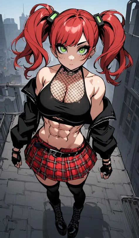 woman, stoic, curly red hair in pig tails, green eyes, black eyeshadow, wearing crop top black shirt, long black jacket, red plaid skirt, black knee high boots, black fingerless gloves, exposed shoulders, large breasts, freckles, abs, cleavage, looking up ...