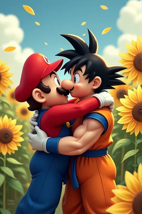 mario the plumber and famous video game character who kisses Goku in a field of sunflowers