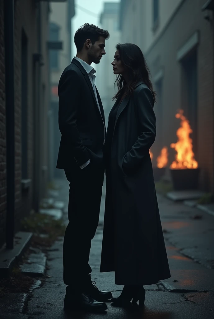 Cover of a dark book with a modern couple, with discreet fire 
