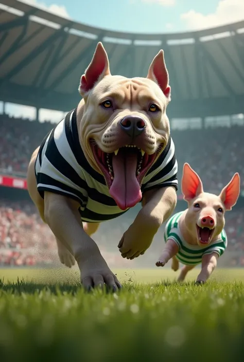 Angry and drooling Pitbull dog wearing a black and white striped shirt chasing a pig wearing a white and green striped shirt in a football stadium 