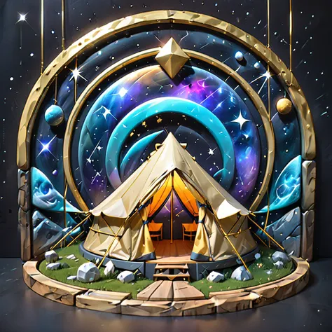 glamping、symbol、three-dimensional、shine、shine、gold、the background is the universe.