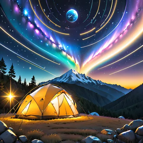 glamping、symbol、three-dimensional、shine、shine、gold、the background is the universe.