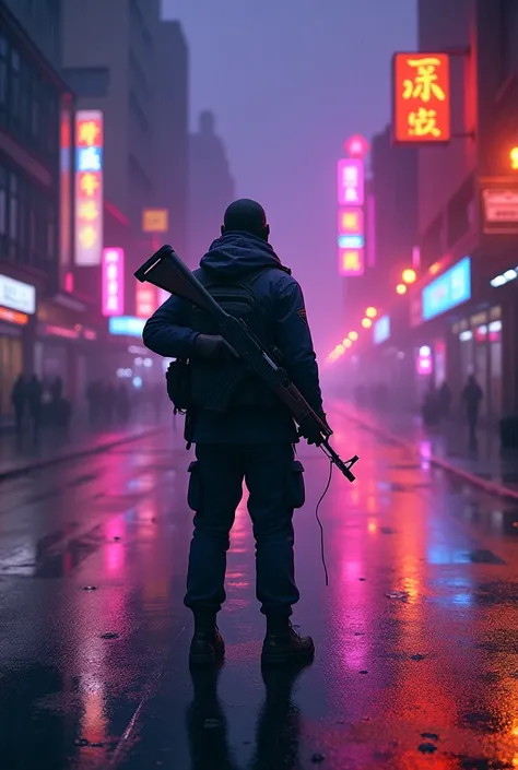 A man having ak47 in hand standing far at the road forword the buildings in the rainy weather with shiny floor and neon blur ,purple and orange lighta