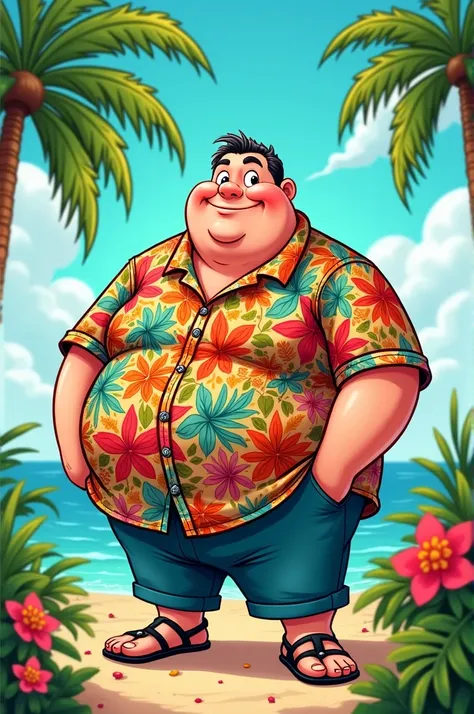 Small tan fat guy with tight Hawaiian flannel cartoon