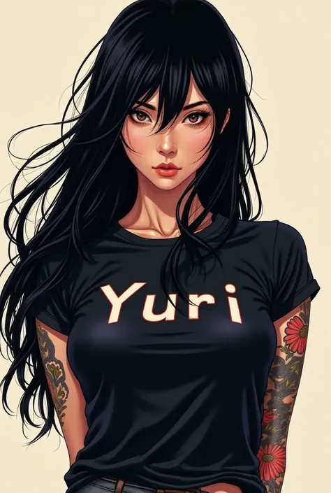 beautiful japense and hawaiian mixed girl, tattoo woman , wearing black t-shirt with Yuri written onit, blue jeans, long black hair,arms behind back, giving yakuza vibes, realistic, intricate details, hard colors