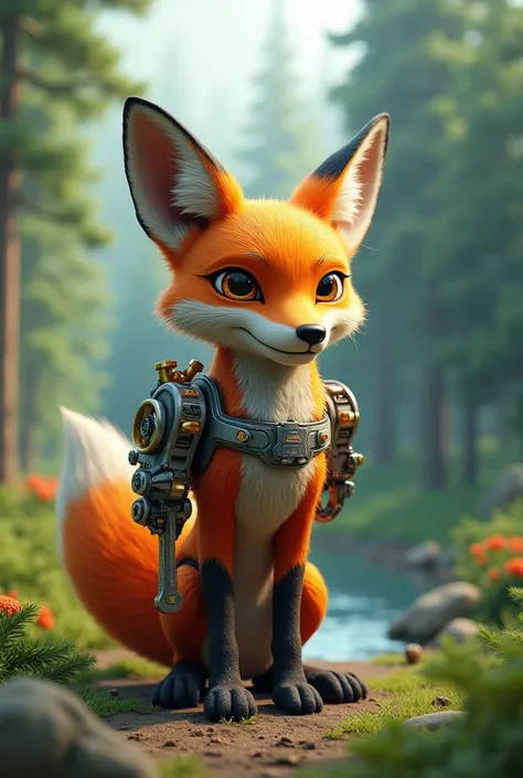 A YouTube channel cover with a forest background, featuring a futuristic 3D fox equipped with construction tools with a calm and elegant appearance