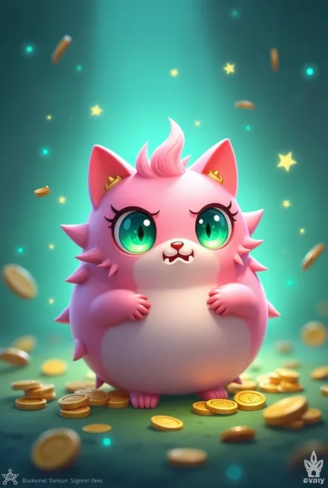 Circular bristle, small appearance, pastel pink color, large eyes, shiny and green gradient with blue, eyelashes, the cat-like face [that is not a cat], an angry expression with 2 small fangs, and 3 hairs on the head, pon bling, gold coins and gems, In the...