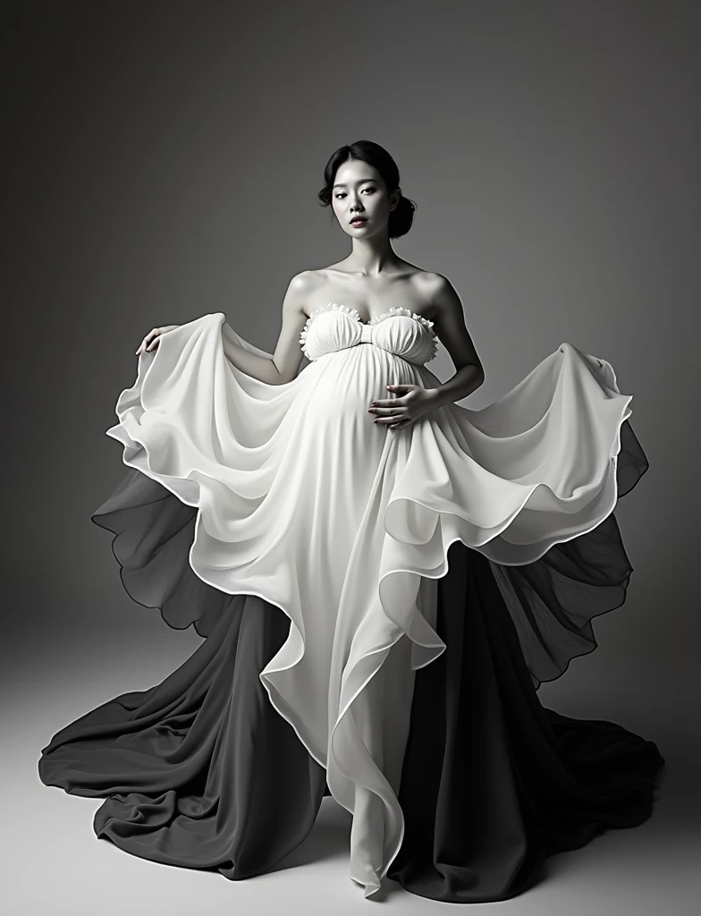 pregnant woman there is a black and white dress with a white bow on it, flowing fabric, black and white color aesthetic, flowing realistic fabric, black and white clothes, a still of an ethereal, black and white color, beautiful flowing fabric, slow motion...