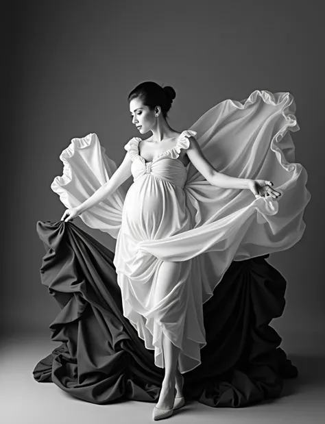 pregnant woman there is a black and white dress with a white bow on it, flowing fabric, black and white color aesthetic, flowing realistic fabric, black and white clothes, a still of an ethereal, black and white color, beautiful flowing fabric, slow motion...