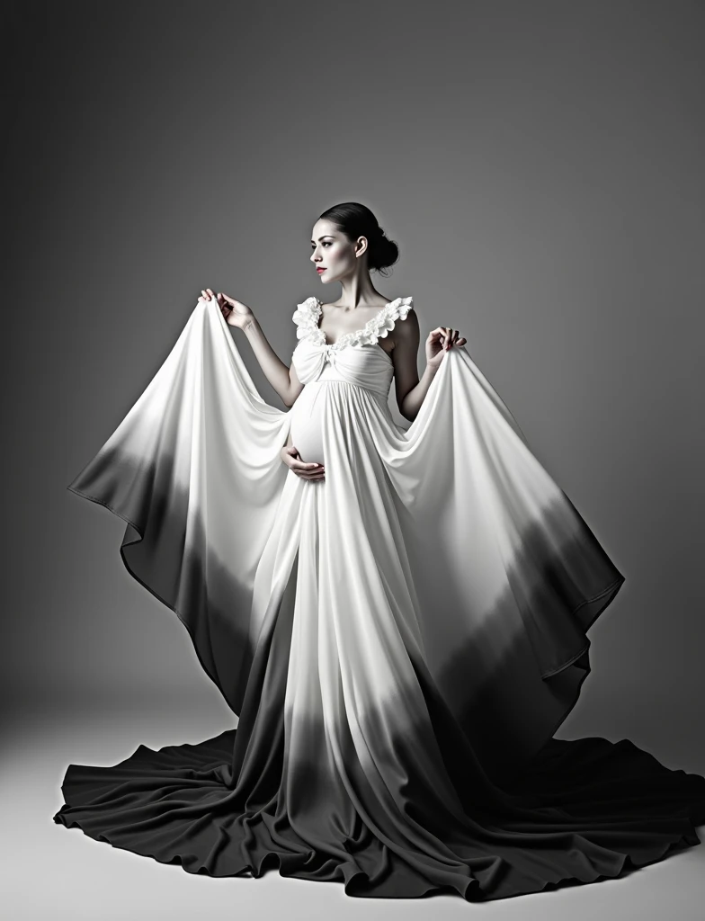 pregnant woman there is a black and white dress with a white bow on it, flowing fabric, black and white color aesthetic, flowing realistic fabric, black and white clothes, a still of an ethereal, black and white color, beautiful flowing fabric, slow motion...