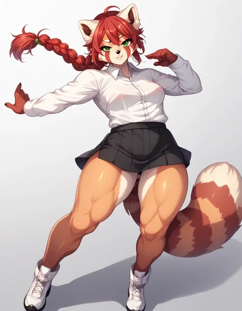 Solo, Score_9, score_8_up, score_7_up, kemono style, Kimiko, An Anthro furry red panda girl, red furry body, red panda tail, , black nose, red hair, braided hair, majestic, long legs, athletic arms and legs, green emerald eyes, toned legs, toned thighs, mi...