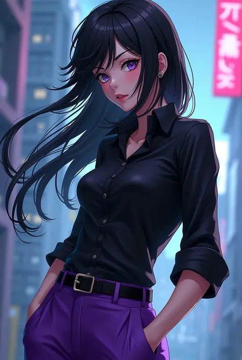 Make an anime character with black hair to the side and a black shirt and purple pants with 